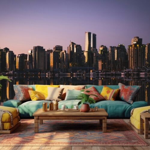 Fotobehang Schemerige Stad aan de Waterkant